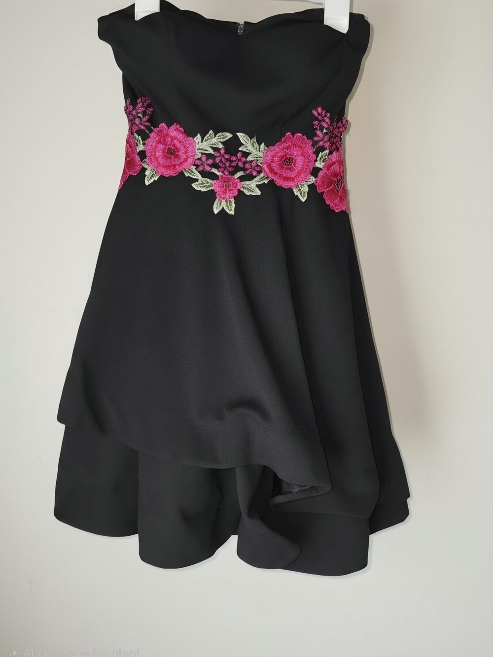 B. Smart Black Strapless Dress with Pink Floral Waist Embroidery